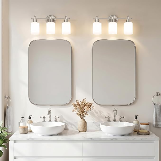 3-Light Bathroom Vanity Light Fixture, Brushed Nickel Bathroom Wall Sconce | 17.5 In Bathroom Vanity Light Fixture, Brushed Nickel Bathroom Wall Light over Mirror, Anti-Rust(Bulbs Not Included, E26)