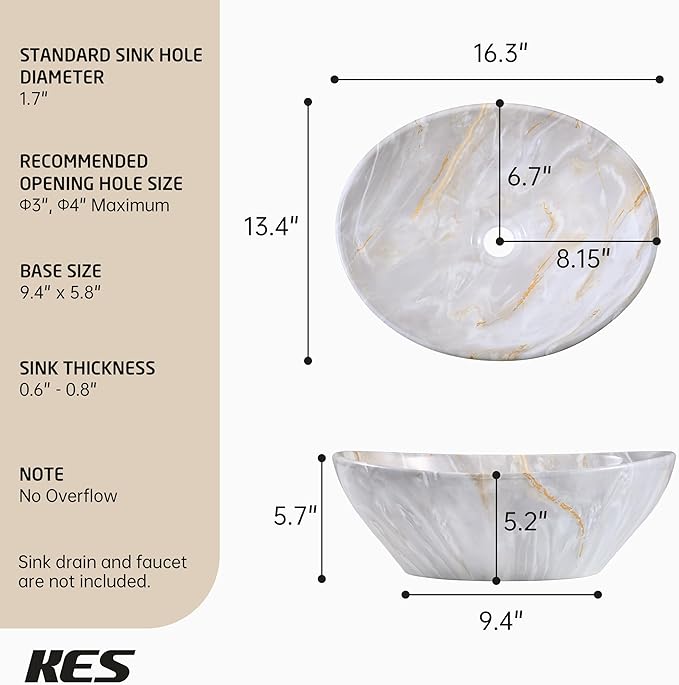 KES 16 x 13 Inch Oval Soft Clouded Marbling Vessel Sink Above Counter, Ceramic Porcelain Bathroom Sink Bowl for Vanity Countertop, Modern Look, No Overflow, Sink Only, BVS124-MBE