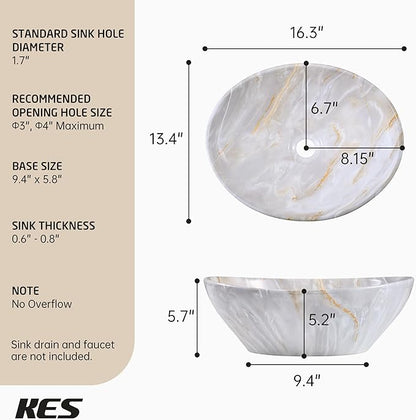 KES 16 x 13 Inch Oval Soft Clouded Marbling Vessel Sink Above Counter, Ceramic Porcelain Bathroom Sink Bowl for Vanity Countertop, Modern Look, No Overflow, Sink Only, BVS124-MBE