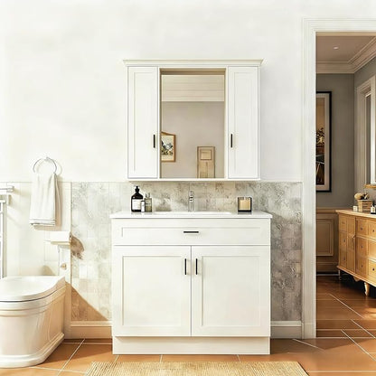 36 Inch Bathroom Vanity with Ceramic Sink, White Freestanding Double-Door Cabinet, Heavy-Duty & Easy-Clean