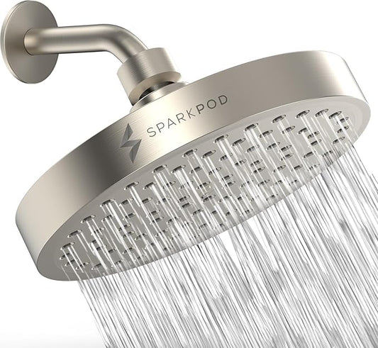 SparkPod Rain Shower Head, 6 Inch Round, Elegant Brushed Nickel Finish | High Pressure Shower Heads, 90 Nozzles, Adjustable Showerhead, No Tools Needed, Universal Connection
