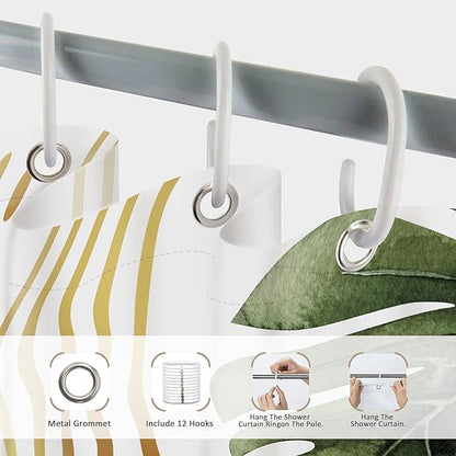 Glawry Green Gold Boho Mid Century Shower Curtain Extra Long Tropical Plant Abstract Minimalist Modern Geometric Leaf Bathroom Simple 72Wx78L Inches Bath Accessories Art Home Decor Fabric 12 Pack Hook