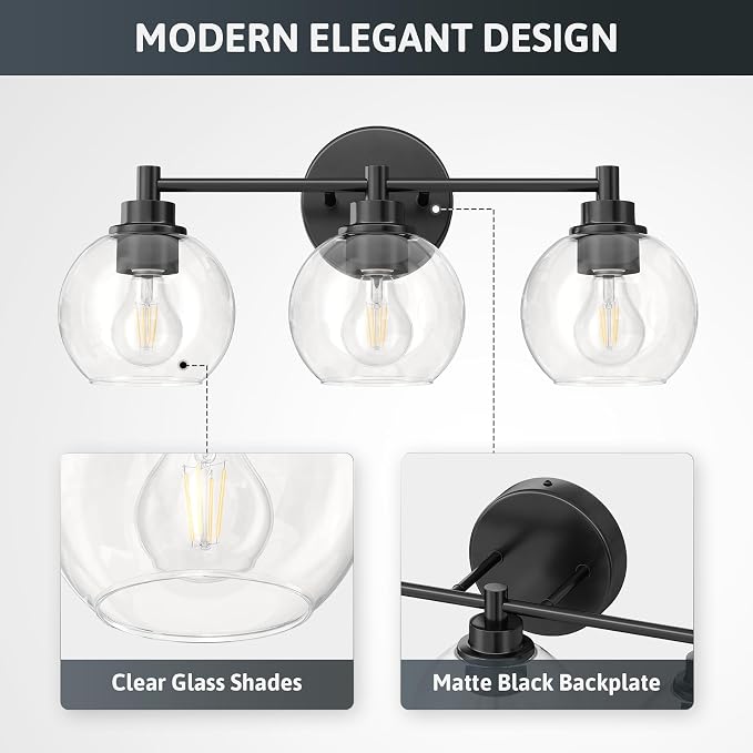 VONLUCE 3 Light Bathroom Vanity Light Fixtures, Black Finish | Globe Glass Shades, E26 Sockets, Easy to install, Vanity Lights for Bedroom Hallway Living Room