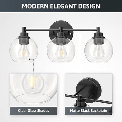 VONLUCE 3 Light Bathroom Vanity Light Fixtures, Black Finish | Globe Glass Shades, E26 Sockets, Easy to install, Vanity Lights for Bedroom Hallway Living Room