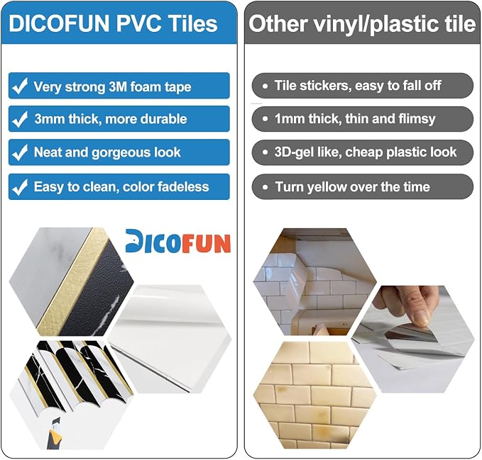 DICOFUN 10-Sheet Black & White Peel and Stick Backsplash for Kitchen, PVC Stick on Backsplash Wall Tiles