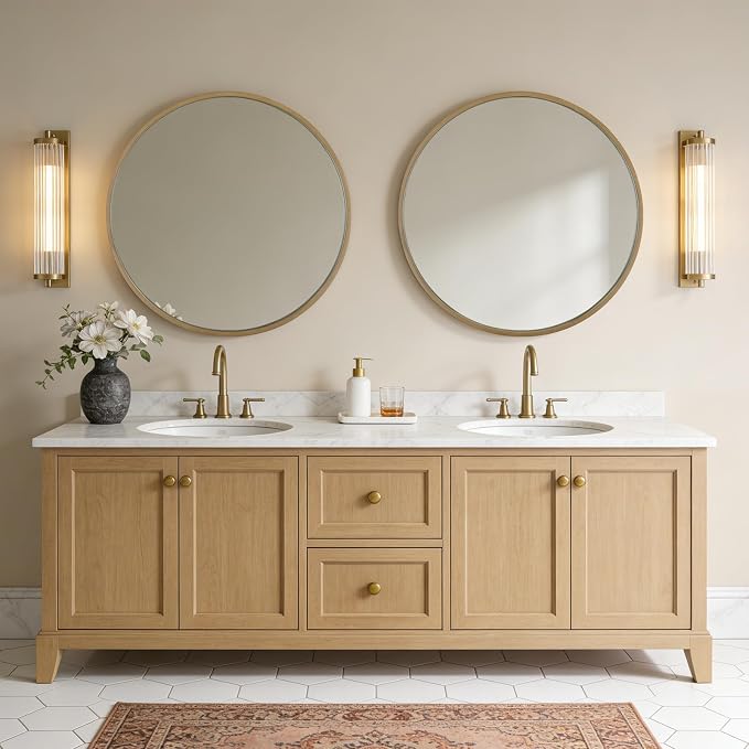 Round Wood Mirror, 32" Round Modern Decoration Large Circle Wall Mirror for Bathroom Living Room Bedroom Entryway, Natural