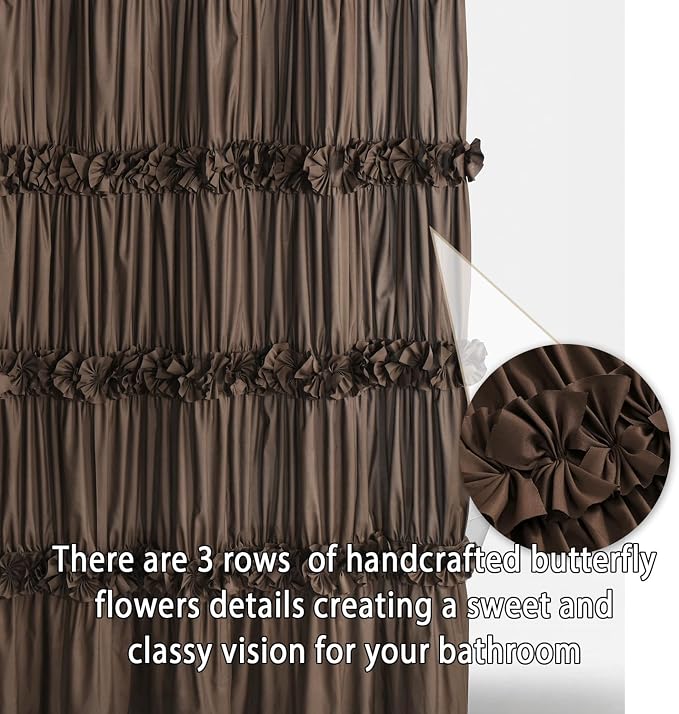 Homechoice Decor Victorian Chocolate Ruffle Shower Curtain 72" W x 72" H | Vintage Handcrafted Bow Tie Bath Curtain for Master Bathroom, Ruched Microfiber Bathroom Curtain with 12 Buttonholes (LQ-10)