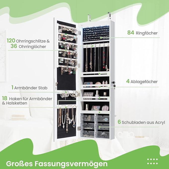 Hanging Jewellery Cabinet, Sail Cabinet with LED Lighting, Mirror and 6 Drawers, Wall Cabinet for Door and Wall Mounting, Jewellery Cabinet for Jewellery & Cosmetics Storage, White