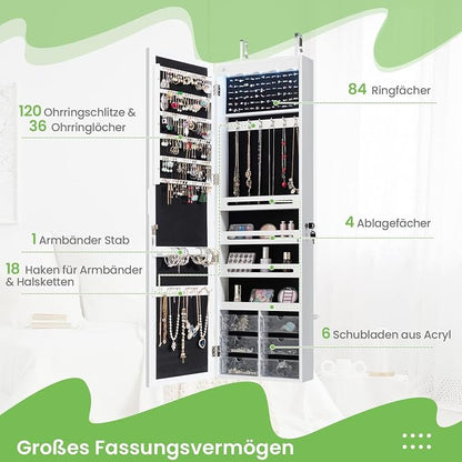 Hanging Jewellery Cabinet, Sail Cabinet with LED Lighting, Mirror and 6 Drawers, Wall Cabinet for Door and Wall Mounting, Jewellery Cabinet for Jewellery & Cosmetics Storage, White