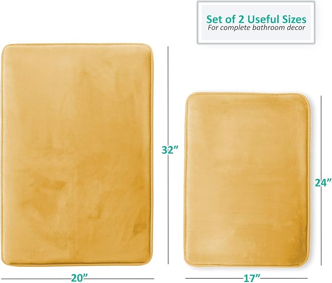 Clara Clark 2 Piece Bathroom Rugs Bath Mat Set, Velvet Memory Foam Bath Mats for Bathroom - Non-Slip, PVC Backing Bath Rugs, Washable - Dries Quickly, Gold