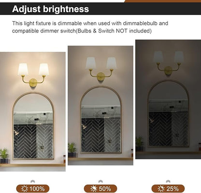 Bathroom Vanity Light, Brushed Gold Bathroom Light Fixtures, 2-Light Lighting Fixtures Over Mirror, Modern Wall Sconce with Flared White Fabric Shade, E26 Socket(ETL Listed)