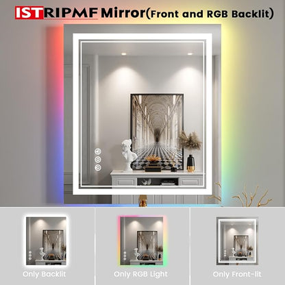 24x28 Inch RGB LED Bathroom Mirror with Lights | Front and RGB Backlit, Dimmable, Memory, Anti Fog, Shatterproof, Horizontal/Vertical, Lighted Mirrors for Bathroom Wall