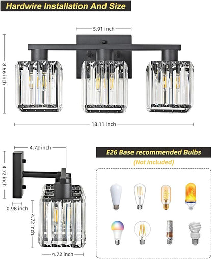 3-Light Bathroom Light Fixtures, Modern Black Crystal Wall Light for Bathroom,Lighting Fixtures Over Mirror