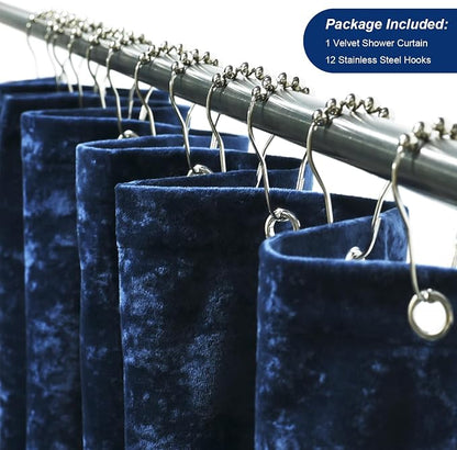 TAMGHO Crushed Velvet Shower Curtain, Navy Blue Shower Curtain Set with 12pc Polished Nickel Hooks, Machine Washable, Waterproof Lined Bathroom Curtain 72x72