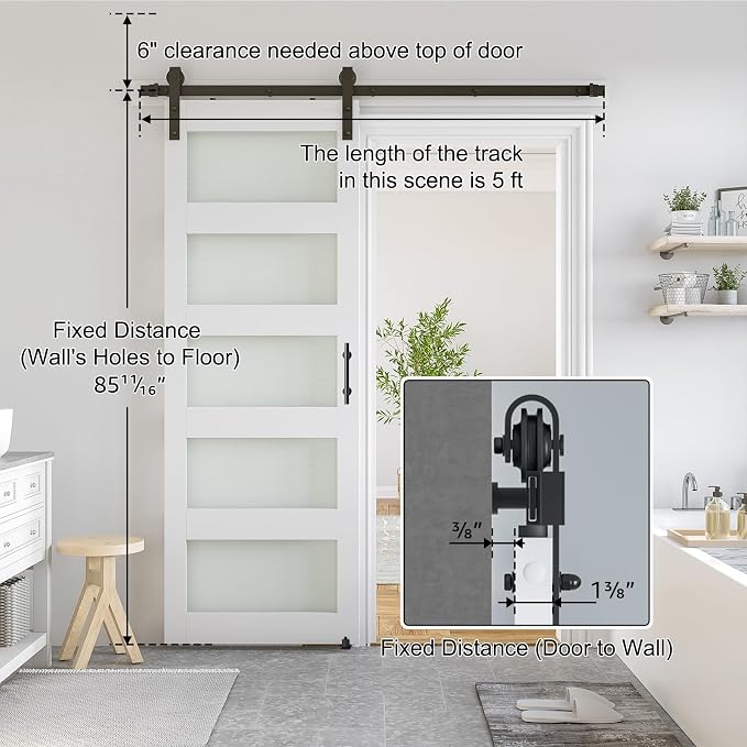 SMARTSTANDARD 28 x 84 in Glass Barn Door with 5FT Sliding Hardware Kit | Pre-Drilled Ready to Assemble, Waterproof PVC Coating, White, 5-Panel Glass