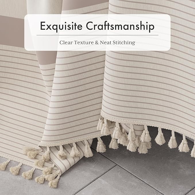 AmazerBath Boho Shower Curtain, Modern Farmhouse Shower Curtain Set with Tassels, Rustic Faux Linen Pink Striped Shower Curtain with Hooks, Light Tan Toned, 72x72 Inches