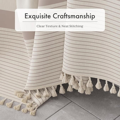 AmazerBath Boho Shower Curtain, Modern Farmhouse Shower Curtain Set with Tassels, Rustic Faux Linen Pink Striped Shower Curtain with Hooks, Light Tan Toned, 72x72 Inches