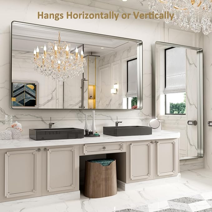 LOAAO Brushed Nickel Bathroom Mirror 77X36 Inch | Rounded Rectangle, Silver Metal Frame, Anti-Rust, Hangs Horizontally or Vertically, Tempered Glass