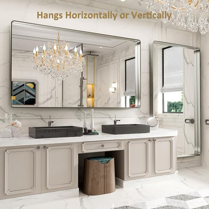 LOAAO Brushed Nickel Bathroom Mirror 77X36 Inch | Rounded Rectangle, Silver Metal Frame, Anti-Rust, Hangs Horizontally or Vertically, Tempered Glass