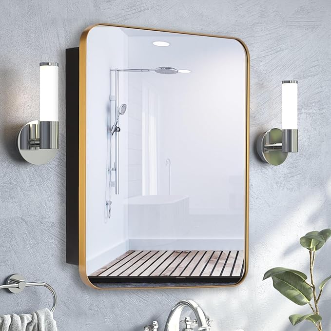 16’’x26’’ Medicine Cabinet,Metal Framed Medicine Cabinet Mirror with Round Corner,Recessed and Surface Mount Bathroom Mirror with Storage, Removeable Shelves,Gold