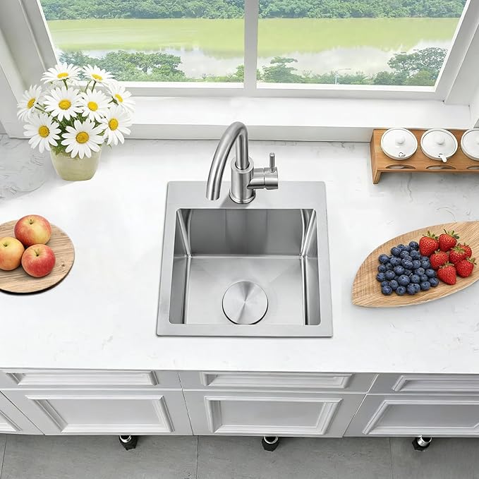 Bar Sink 15x15 Inch Drop in Bar Sinks with Faucet Combo Modern Stainless Steel Small Kitchen Sink Single Bowl RV Sink