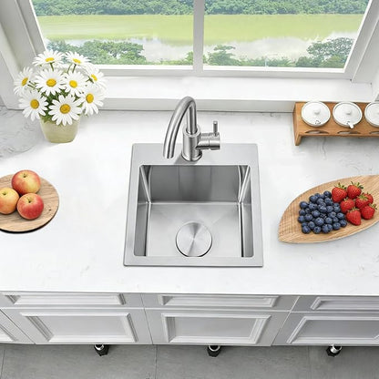 Bar Sink 15x15 Inch Drop in Bar Sinks with Faucet Combo Modern Stainless Steel Small Kitchen Sink Single Bowl RV Sink