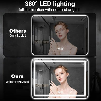 LED Bathroom Mirror, 36 x 24 Inch Anti-Fog Wall Mirror with Lights Stepless Dimmable, Lighted Bathroom Mirrors for Wall, Rectangle Bathroom Vanity Mirror with Front and Backlight, Horizontally Only