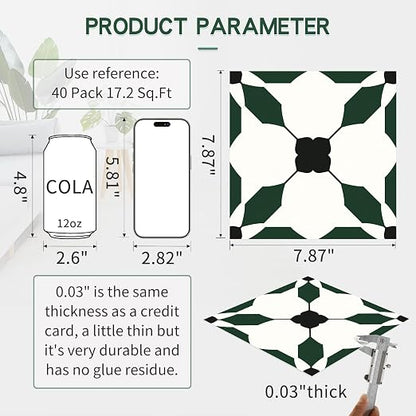 MORCART 40PCS 7.87" x 7.87" Peel and Stick Floor Tile, Black Green | Self-Adhesive DIY Vinyl Flooring, Removable and Waterproof Tile Sticker for Bathroom, Kitchen, Wall, Bedroom, Stairs