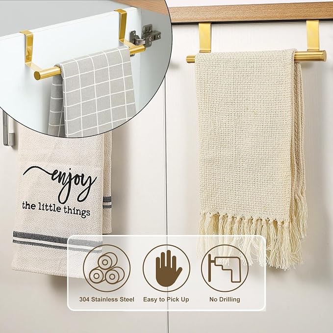 RETON 3 PCS Over Door Towel Rack, 9 Inch Stainless Steel Cabinet Towel Hanger Towel Bar Holders, Kitchen Towel Holder with Anti-Slip Pads, No Drilling (Gold)