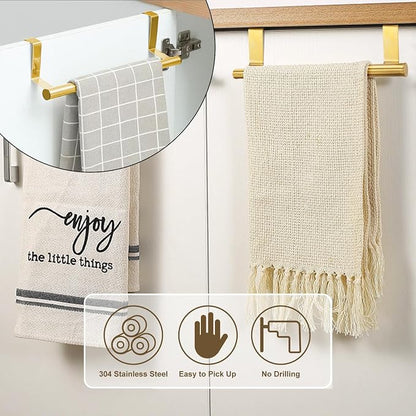 RETON 3 PCS Over Door Towel Rack, 9 Inch Stainless Steel Cabinet Towel Hanger Towel Bar Holders, Kitchen Towel Holder with Anti-Slip Pads, No Drilling (Gold)