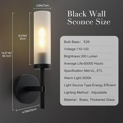 15" Hardwired Frosted Glass Bathroom Wall Sconces, Handmade Knurled Black Wall Light Fixture,Modern Vanity Lights, for Living Room,Hallway, Bedroom,Mirror, Indoor Sconces