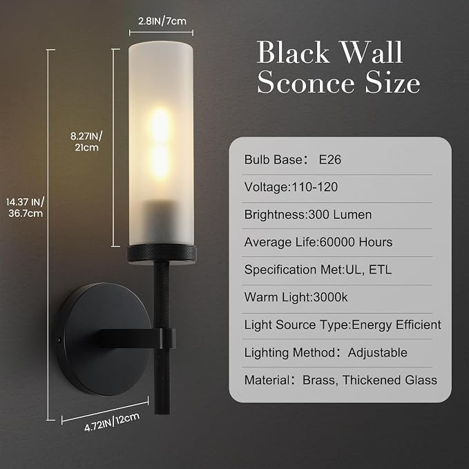 15" Hardwired Frosted Glass 2 PC Bathroom Wall Sconces, Handmade Knurled Black Wall Light Fixture,Modern Vanity Lights, for Living Room,Hallway, Bedroom,Mirror, Indoor Sconces