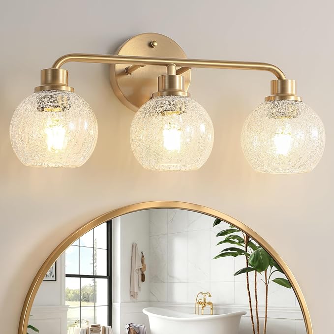 Bathroom Light Fixtures Gold Vanity Light 3 Light Brushed Brass | Wall Sconces Lighting with Crackle Globe Glass Shades Bath Wall Lamp for Mirror Kitchen Living Room Bedroom Hallway