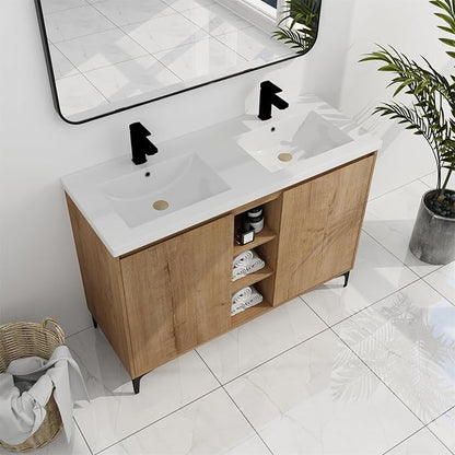 SSLine 48-Inch Bathroom Vanity with Double Sink Classic Floor Stand Bathroom Vanity with White Top Basin Double Sink Wood Bathroom Cabinet with Soft-Close Doors & Open Cubes (Imitative Oak)
