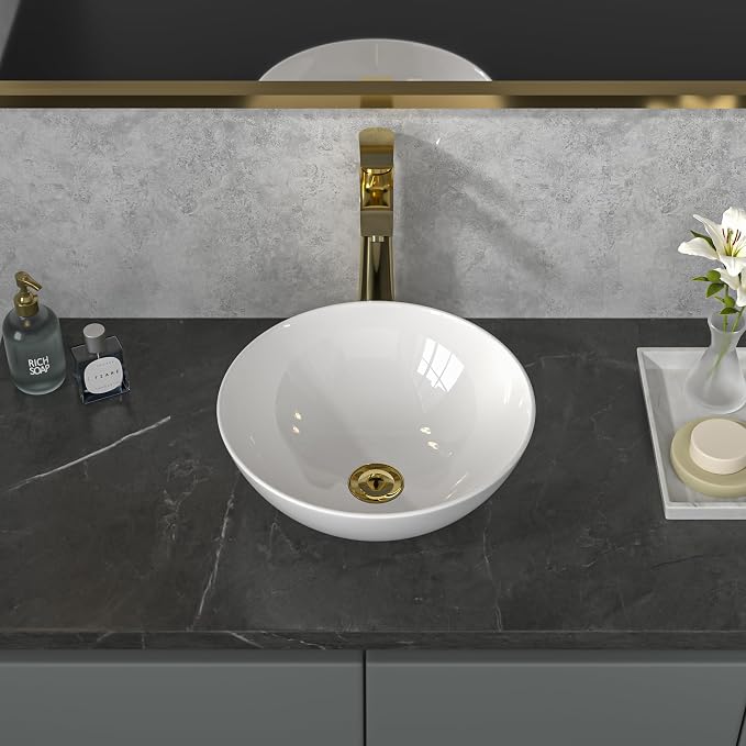 Sarlai Vessel Sink Round - 13"x13" Modern Small Bathroom Sink Round Bowl Above Counter White Porcelain Ceramic Bathroom Vessel Vanity Sink Art Basin