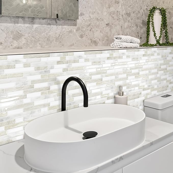 Peel and Stick Backsplash 3D Self Adhesive Wall Tile Beige 10 Sheet | Thick,Sticky,Vinyl,12"x12",Marble,for Kitchen,Bathroom