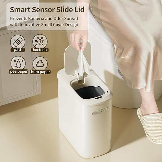 MRBIN Metal Motion Sensor Bathroom Trash Can with Lid and Wheels, 10L/2.6gal Automatic Removable Slim Electric Narrow Waste Basket for Near Desk Office, Bedroom, Kitchen, Rv, White