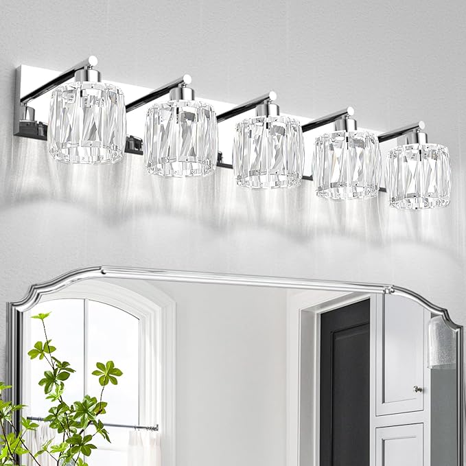 VOLISUN Crystal Vanity Lights - 5 Light Modern Stainless Steel & Chrome Bathroom Light Fixtures Over Mirror - UL Certificated (Exclude Bulb)