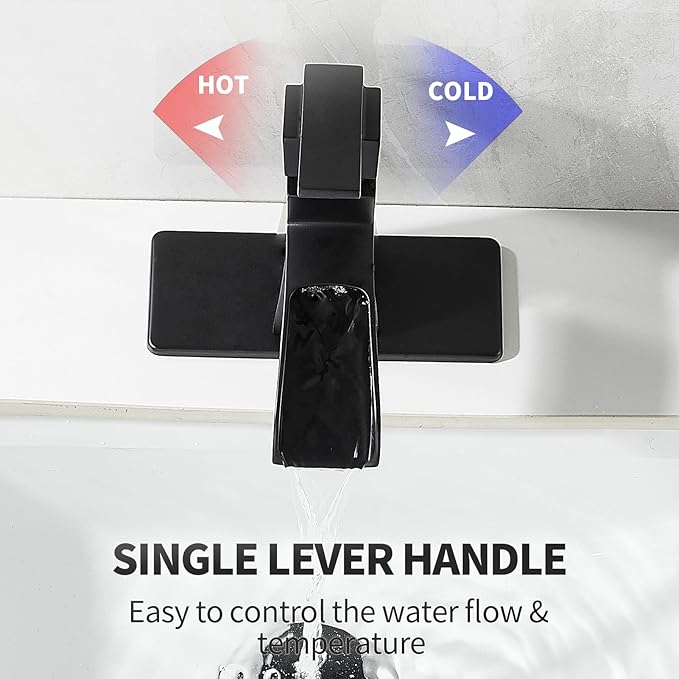 Black Waterfall Bathroom Faucet, One-Handle Bathroom Faucets for Sink 1 or 3 Hole, Matte Black Vanity Faucet, Single Hole Restroom Sink Faucet with Pop Up Drain
