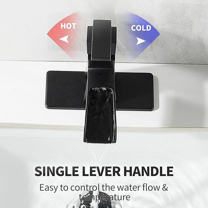 Black Waterfall Bathroom Faucet, One-Handle Bathroom Faucets for Sink 1 or 3 Hole, Matte Black Vanity Faucet, Single Hole Restroom Sink Faucet with Pop Up Drain