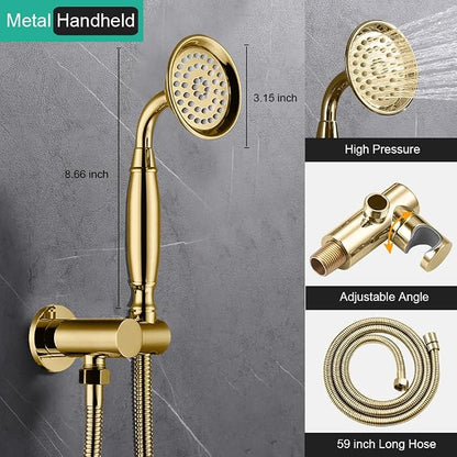 Dual Rain Shower Head System with Handheld Antique Faucet Set | Gold Finish, Multi-layer Plating, Vintage Rainfall, 3 Way Diverter Brass Valve with Trim Kit, Easy Install