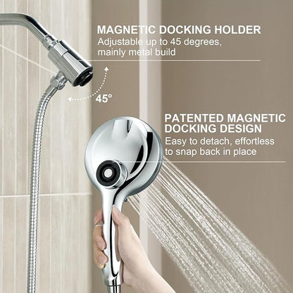 Handheld Shower Head with Magnetic Docking System | 9-Function High Pressure Detachable Shower Head, 5-inch Showerhead with 72 Inch Hose, Remote Dock, Chrome, SH180-C-D