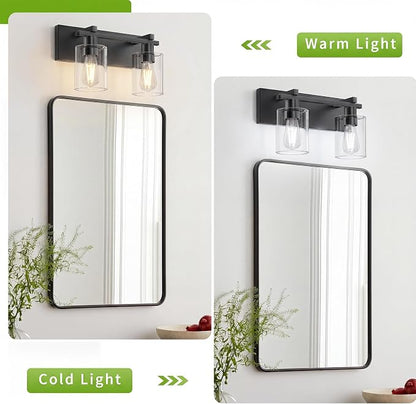 2-Light 13inch Matte Black Vanity Light, Thickened Clear Glass | Over Mirror for Bathroom, Rust Resistant, E26 Base, Easy Install, Removable Glass Shade Horizontal Mount, Dimmable