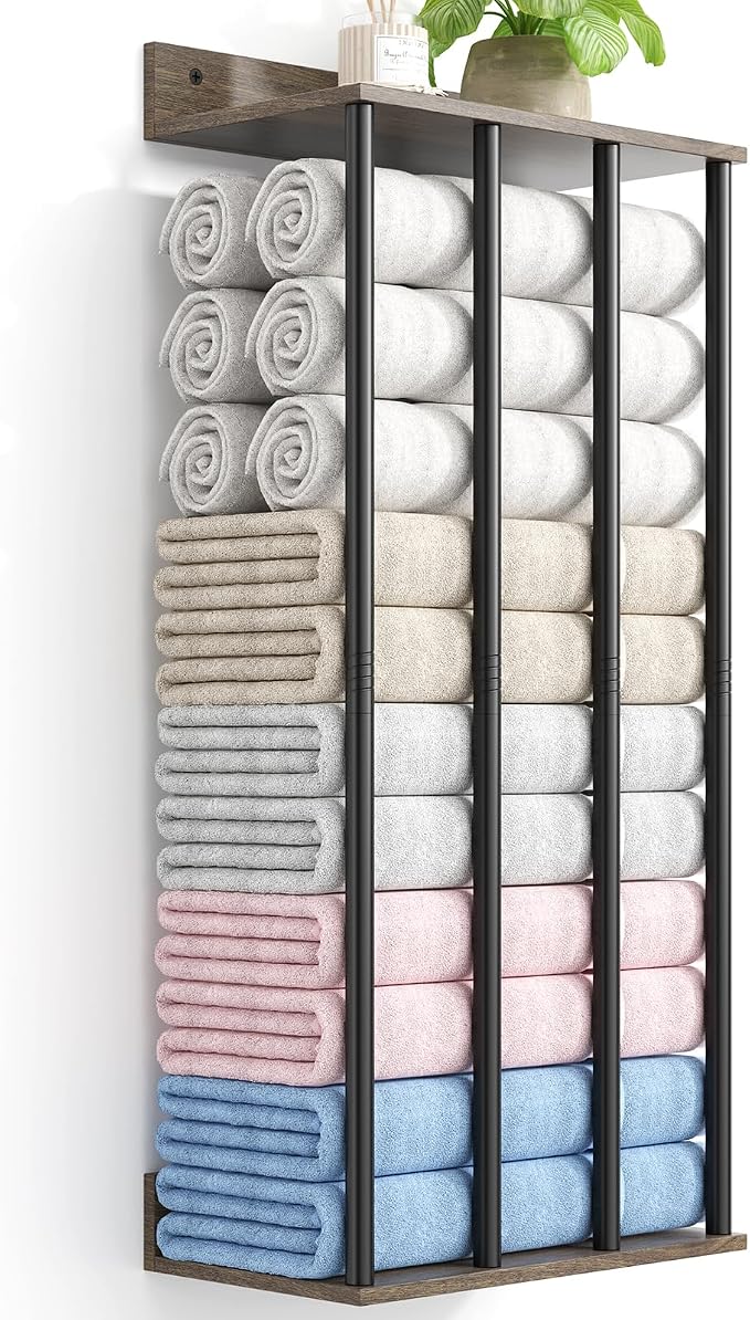 Wall Mounted 4-Bar Towel Rack with Wooden Shelf, Bathroom Storage Holder | Large Bathroom Towel Storage Rack for Rolled Towels, Classic Metal Towel Organizer Shelf with Wooden Storage Shelf