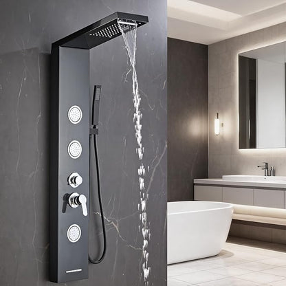 Shower Panel Tower System 5 in 1 Stainless Steel Shower Column | with Rainfall Waterfall Shower Head, Wall-Mount Rain Massage System with 3 Body Jet, Handheld, Tub Spout (Black)