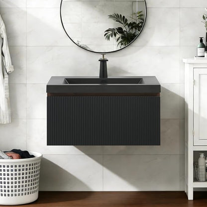 30 Inch Floating Bathroom Vanity, Smoked Walnut Wall Mounted Striped Cabinet, Black Quartz Sand Basin, Soft Close Drawers, Fully Assembled