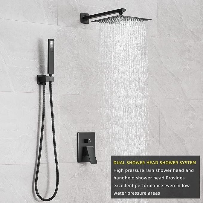 Matte Black Shower System 12 Inches Bathroom Luxury Rain Shower Head with Handheld Combo Set Wall Mounted High Pressure Rainfall Shower Head System Shower Faucet with Valve and Trim Kit