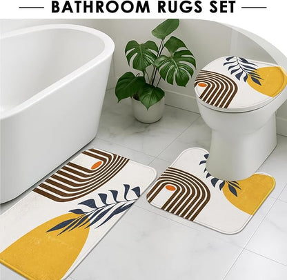 Bathroom Sets with Shower Curtain and Rugs, 4 Pcs, Boho Midcentury | Sun Minimalist Abstract Bathroom Decor Set with Toilet Lid Cover, Non-Slip Bath Mats and Accessories 12 Hooks