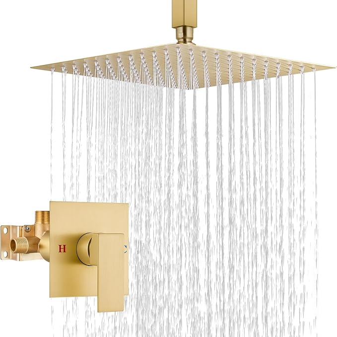 Airuida 12 Inch Brushed Gold Shower Faucet Set,Rainfall Shower System | Ceiling Shower Head,Male Thread Rough-in Valve,Ceiling Mount,Single Handle