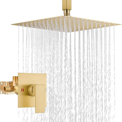 Airuida 12 Inch Brushed Gold Shower Faucet Set,Rainfall Shower System | Ceiling Shower Head,Male Thread Rough-in Valve,Ceiling Mount,Single Handle